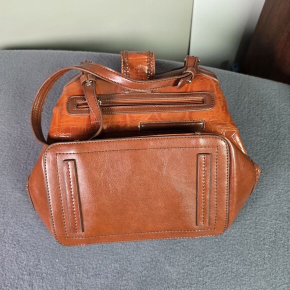 MC Crocodile Embossed Brown Leather Shoulder Bag Purse Silver Accent Structured - Picture 6 of 7